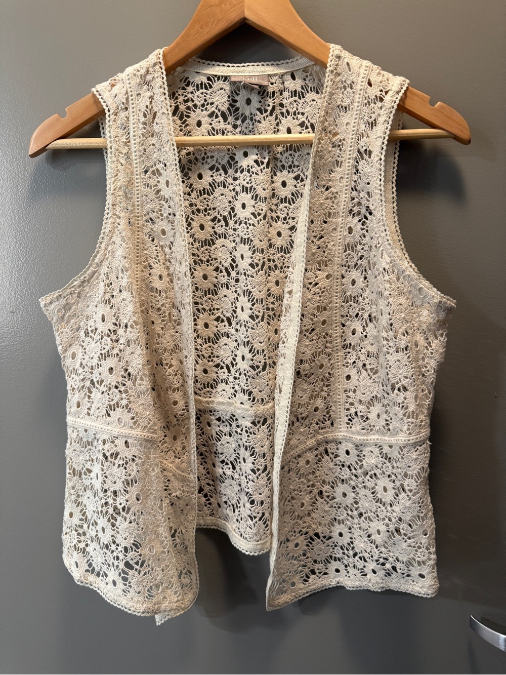 J. Jill Ivory Cotton Crochet Lace Open Front Boho Vest M Petite